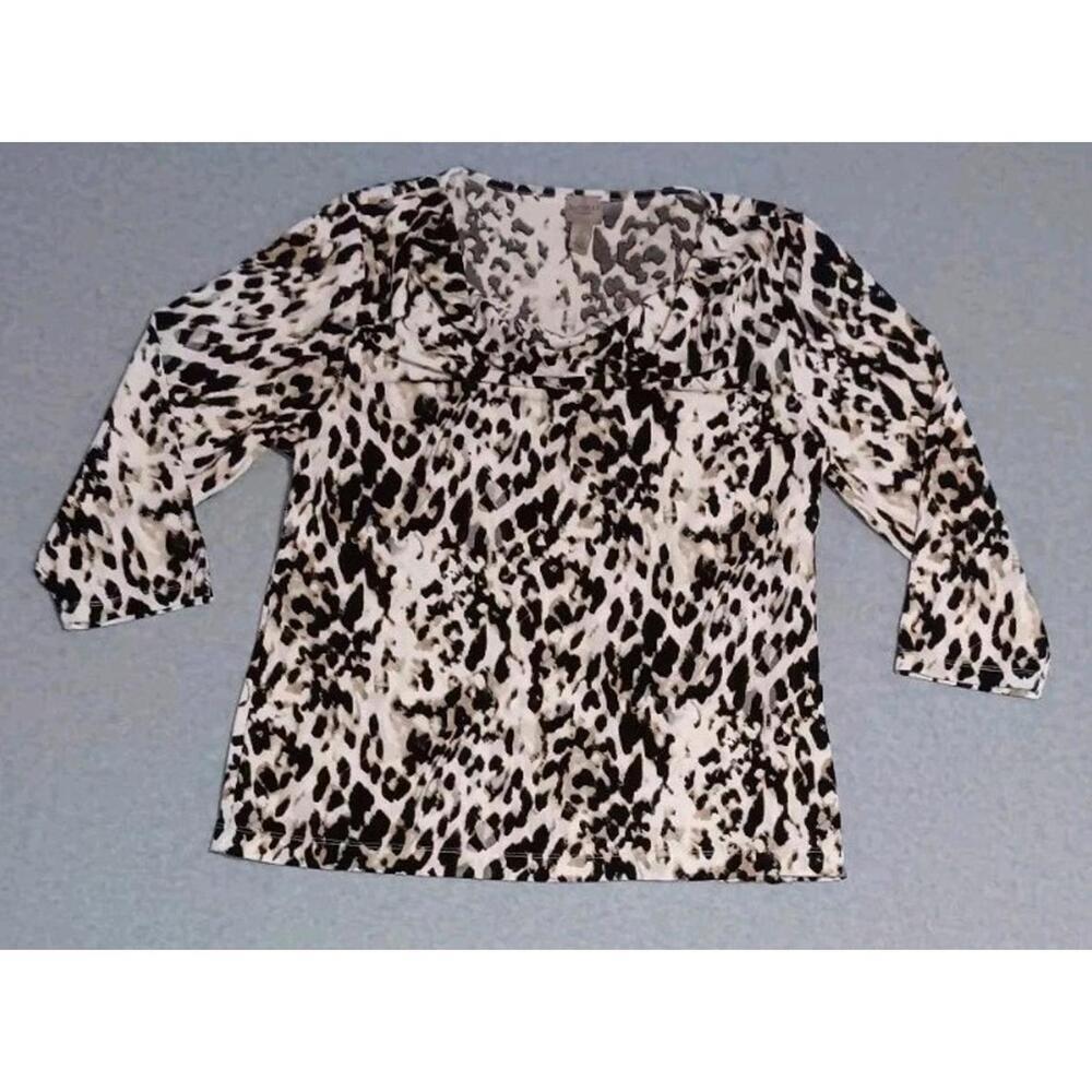 Chicos Easywear 3/4 Sleeve Slouched Blouse Womens Size 2 Leopard Print Stretchy